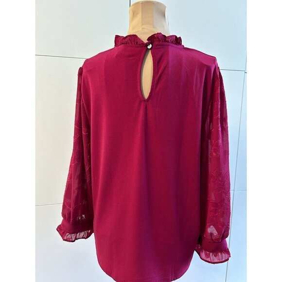 CeCe Womens Ruffle Neck 3/4 Semi Sheer Embroidered Sleeve Plumeria Size L - Picture 4 of 7